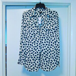 Ann Taylor Teal Green Heart Print Cream Blouse Lightweight Top sz L  NWT  /B9